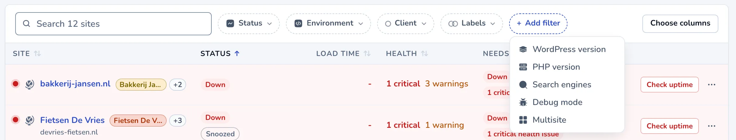 The Add filter menu open below the filter bar, listing WordPress version, PHP version, Search engines, Debug mode and Multisite