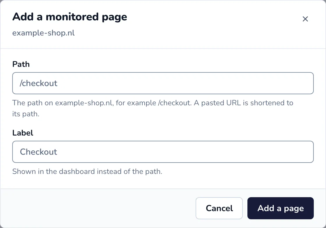 The Add a monitored page dialog with the Path and Label fields