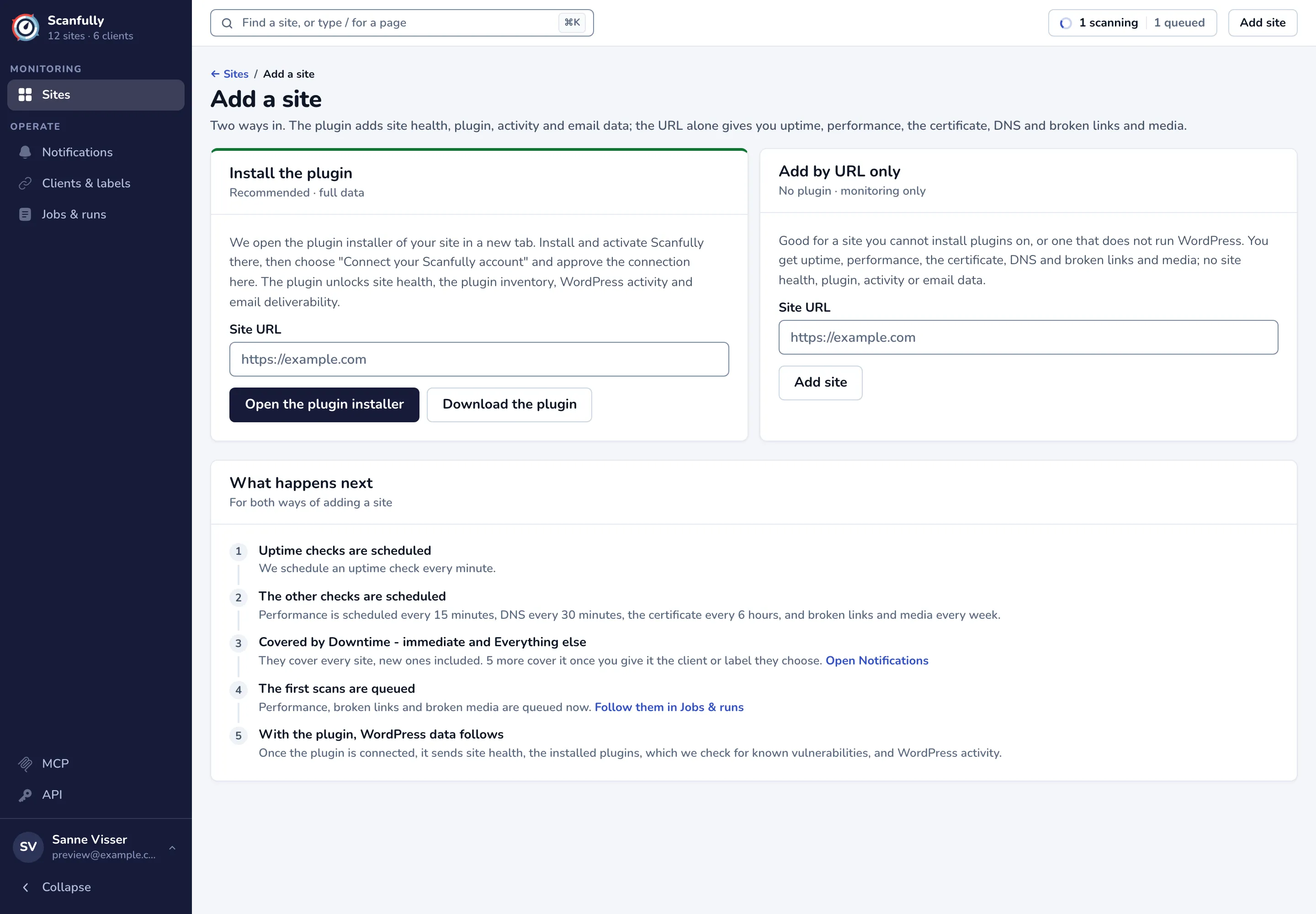 The Add a site screen with the Install the plugin panel, the Add by URL only panel and What happens next