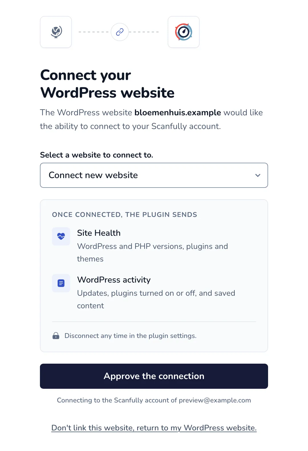 The Connect your WordPress website screen in Scanfully with Connect new website selected and the Approve the connection button