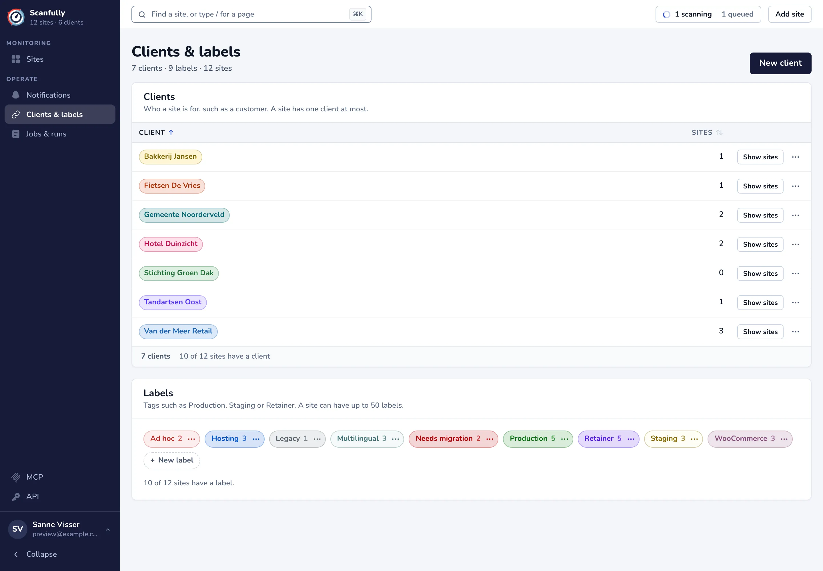 The Clients & labels screen with a table of seven clients and their site counts, and nine labels below it