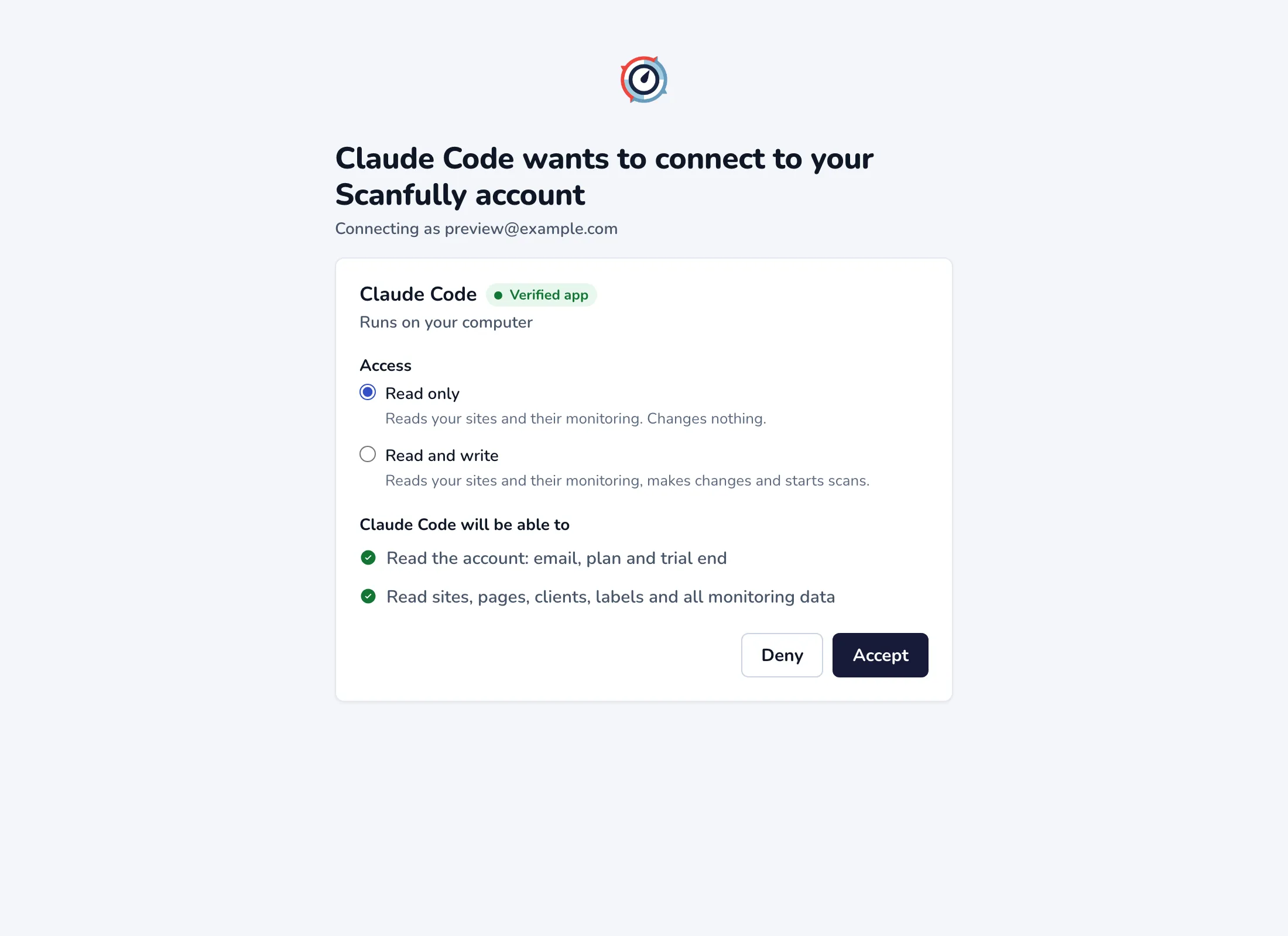 The consent screen: Claude Code wants to connect, with Read only selected