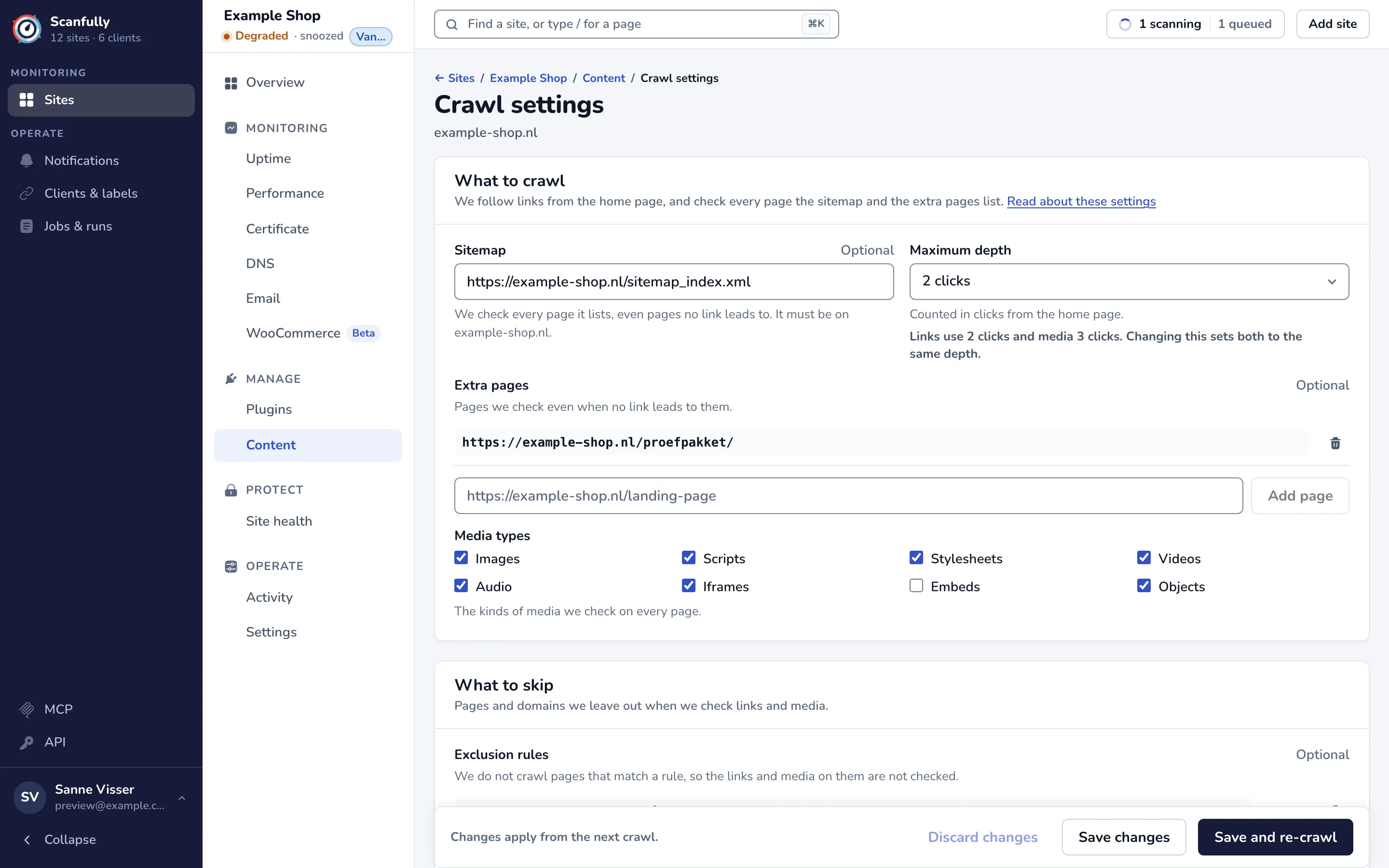 The Crawl settings page with the What to crawl section: sitemap, maximum depth, extra pages and media types