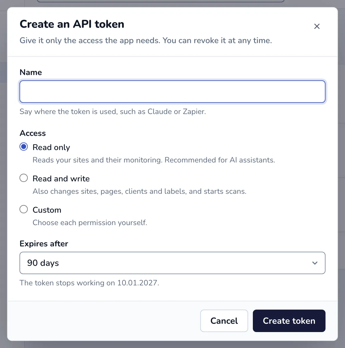 The Create an API token dialog with Name, Access and Expires after
