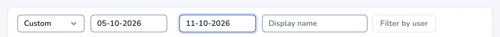 The activity log filter set to Custom, with a start and an end date filled in