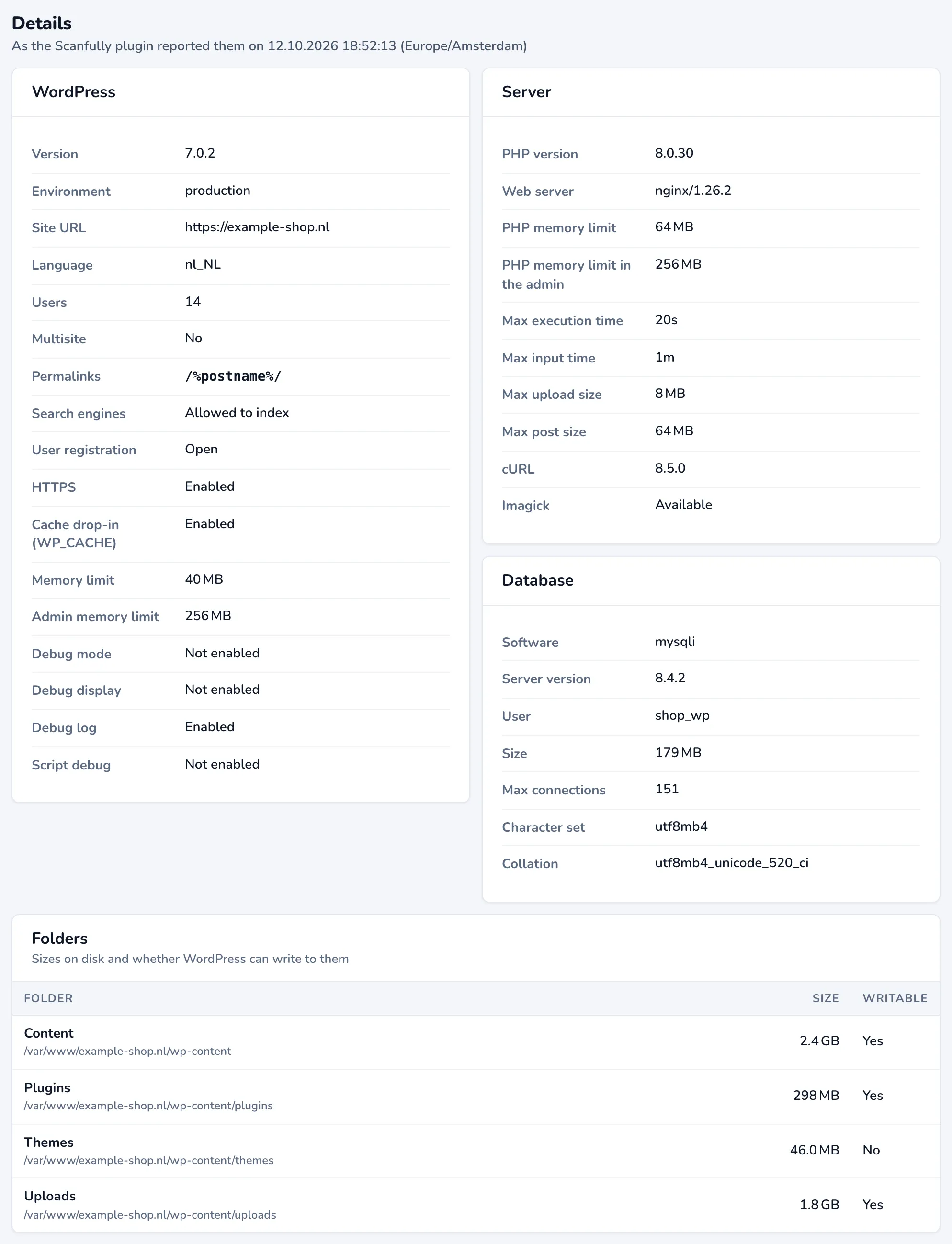 The Details section with the WordPress, Server and Database panels and the Folders table