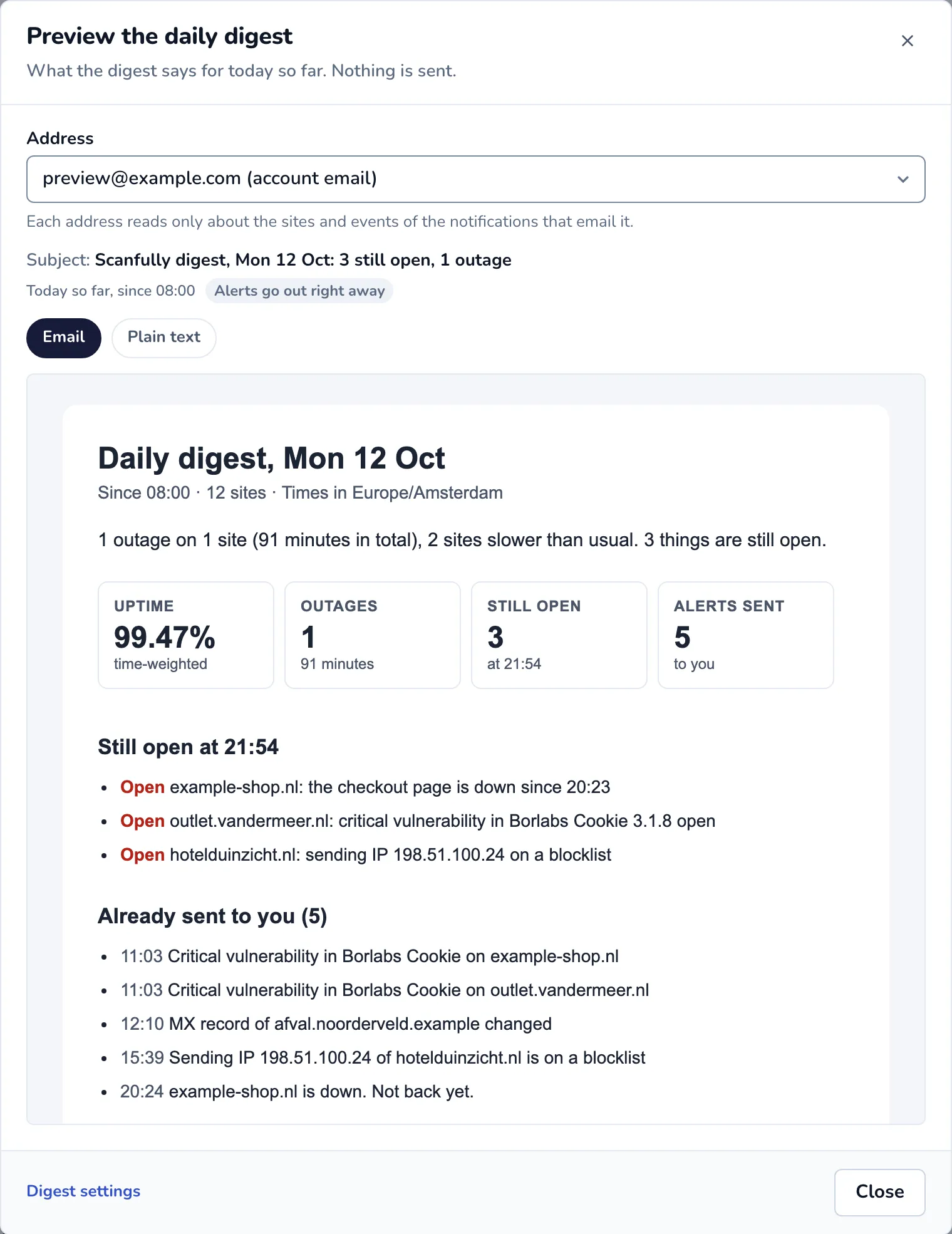 The Preview the daily digest dialog with an address chosen and the digest email below it