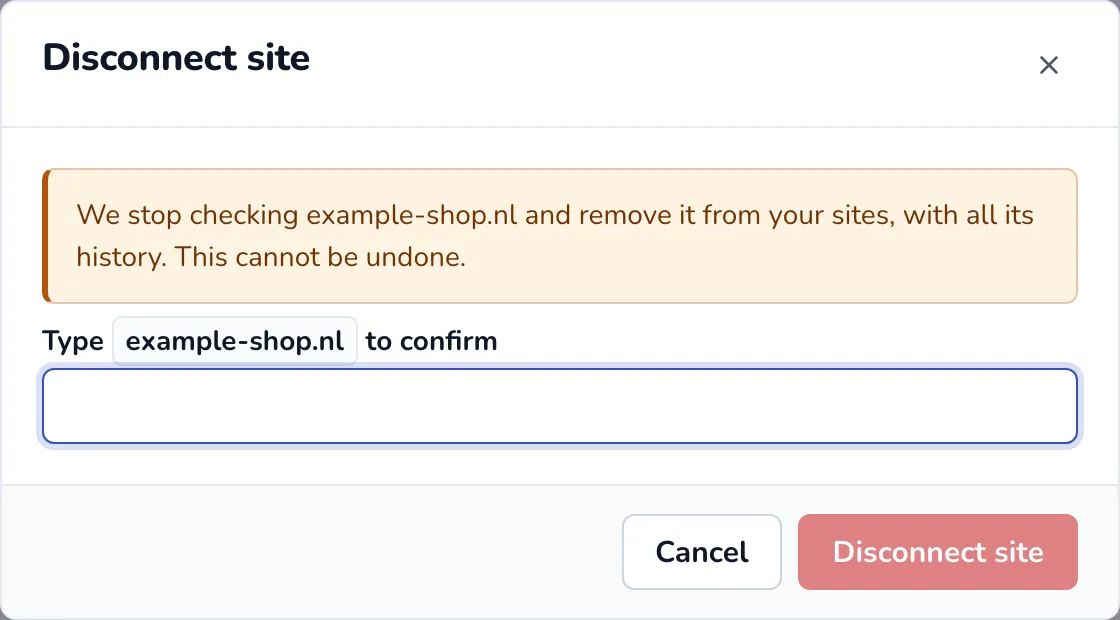 The Disconnect site dialog asking you to type the domain to confirm