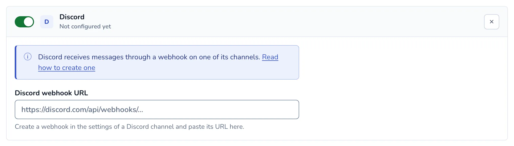 A Discord channel card with the Discord webhook URL field