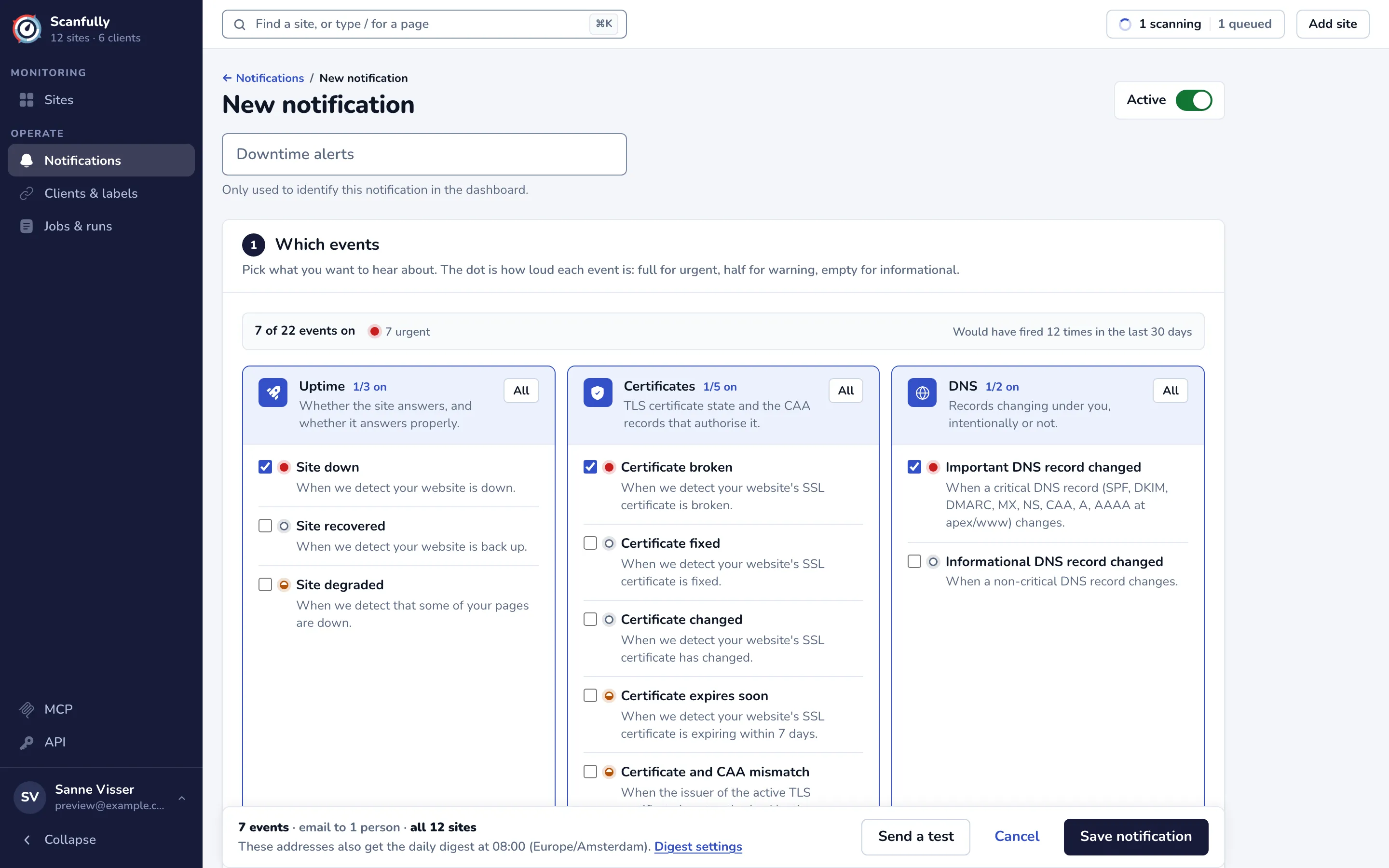 The New notification editor with the name field and the first step, Which events