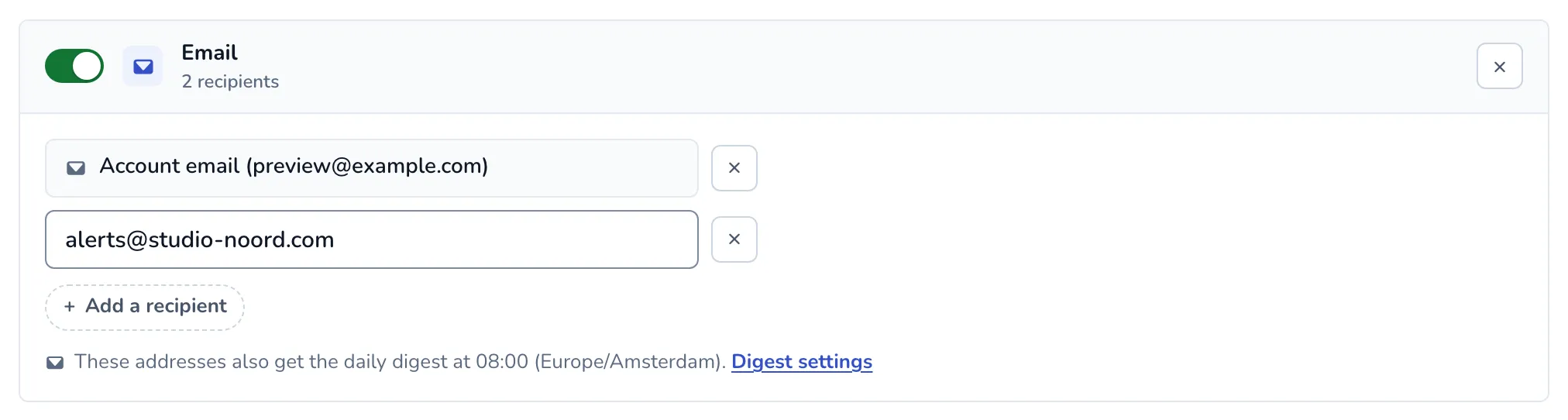 An email channel sending to the account email and one more address