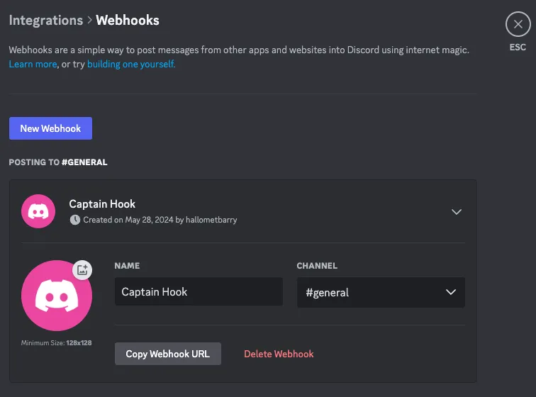 A webhook in Discord with its name, its channel and the Copy Webhook URL button