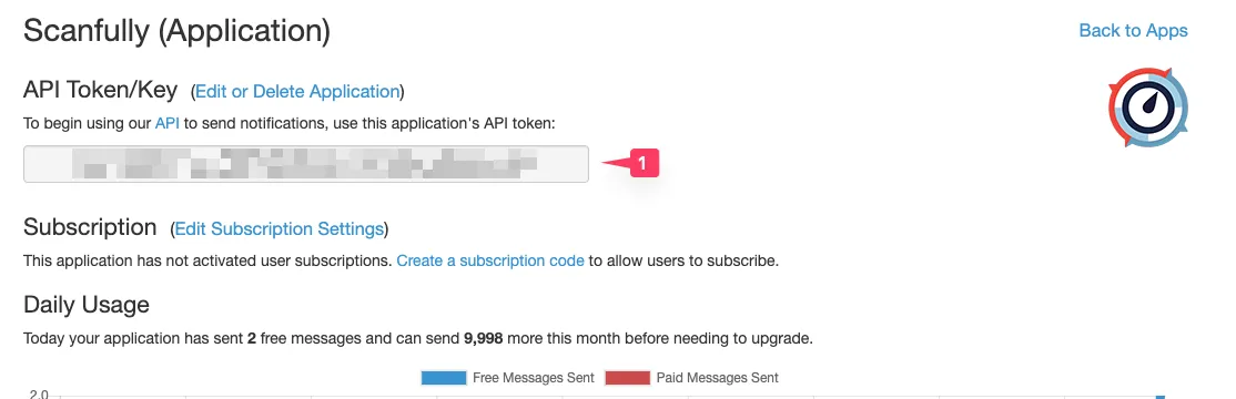 The application screen in Pushover with the API token