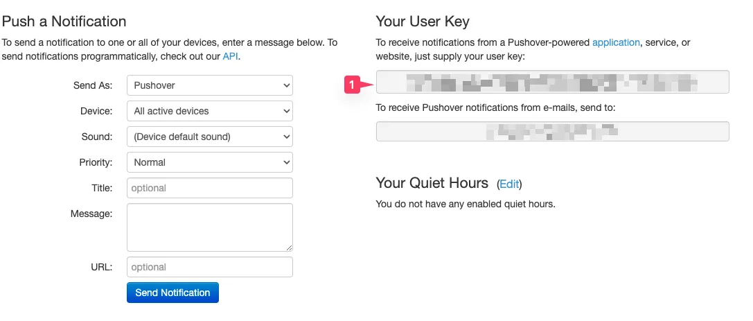 The Pushover dashboard with the user key