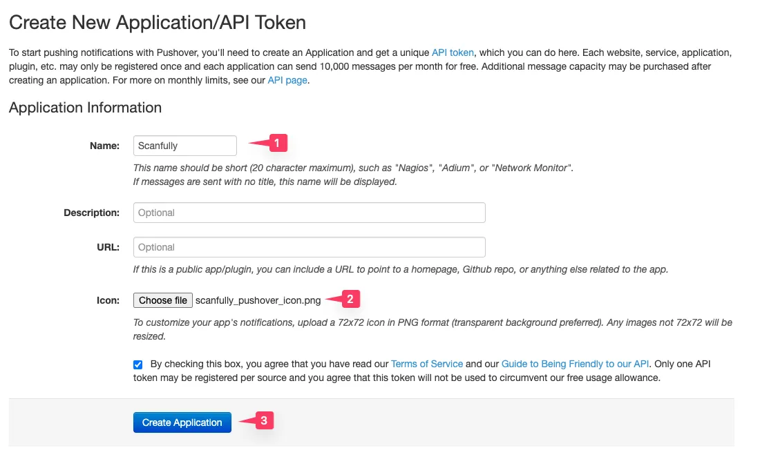 The Create New Application/API Token screen in Pushover