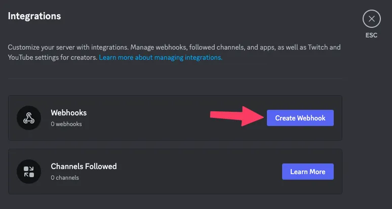 The Integrations page of the Discord server settings with the Create Webhook button