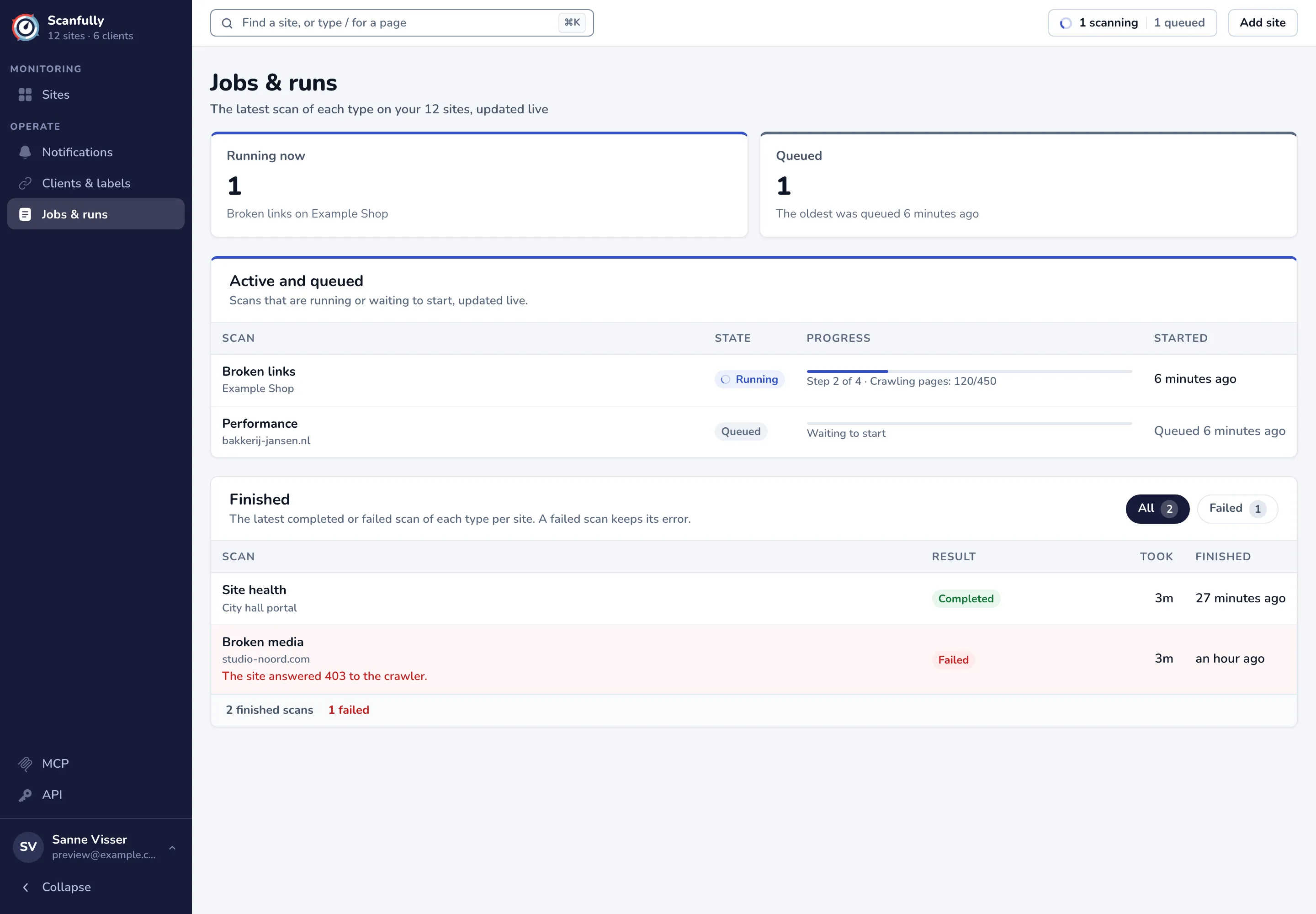 The Jobs & runs screen with the Running now and Queued figures, the Active and queued table and the Finished table