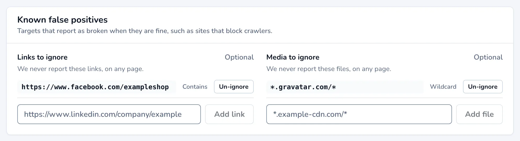 The Known false positives section with one link and one media pattern to ignore