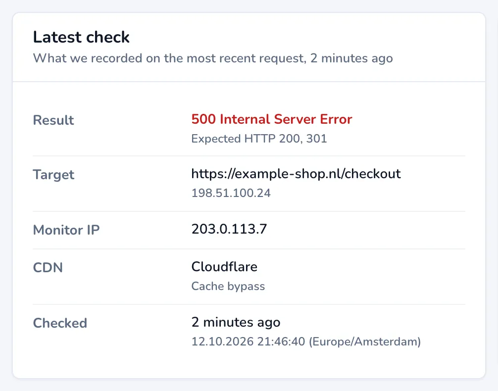 The Latest check panel: the result with the expected status codes, the target with its IP address, the CDN and when it was checked.
