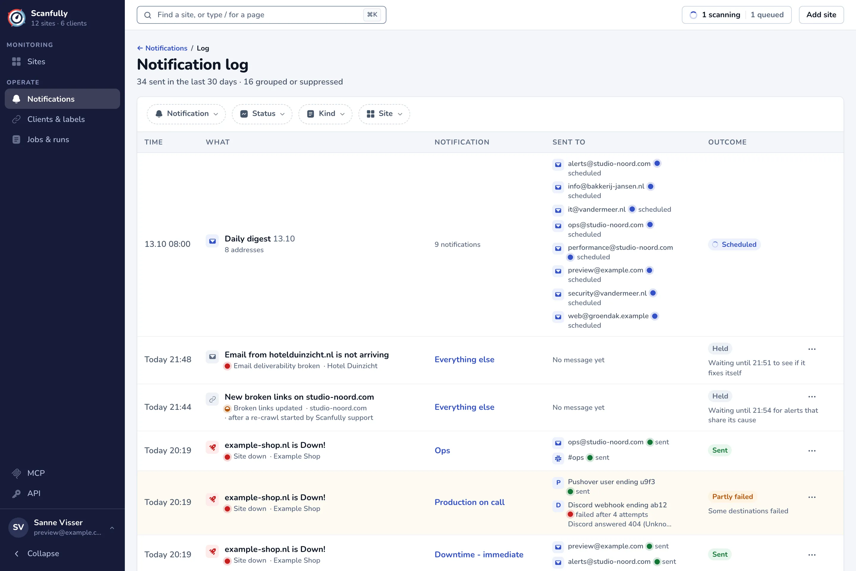 The Notification log with its filters and a list of alerts and a daily digest