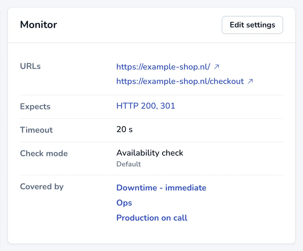 The Monitor panel: the checked URLs, the expected status codes, the timeout, the check mode and the notifications that cover downtime.