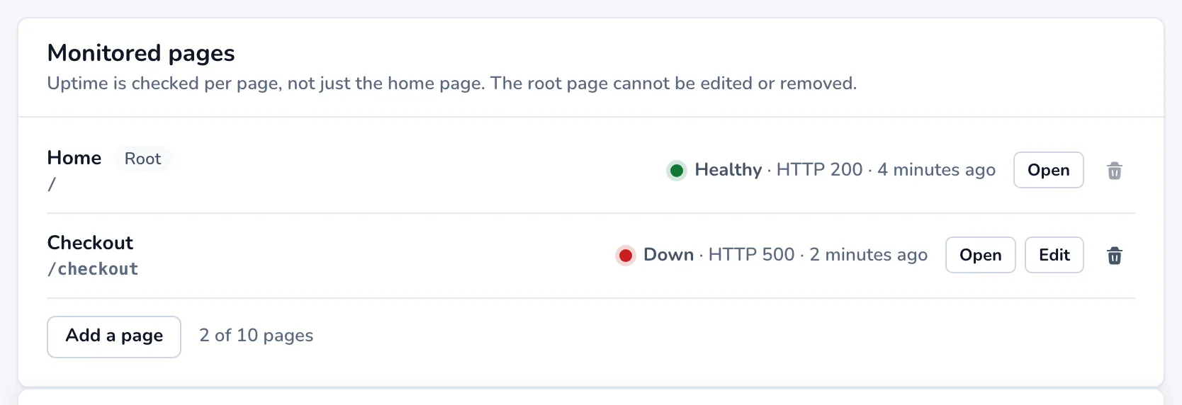 The Monitored pages panel with the root page, a checkout page, and the Add a page button