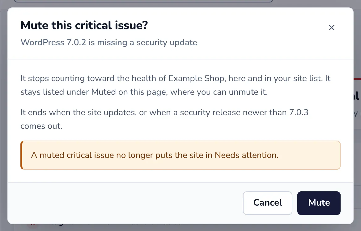 The Mute this critical issue dialog with when the mute ends and the warning that a muted critical issue no longer puts the site in Needs attention