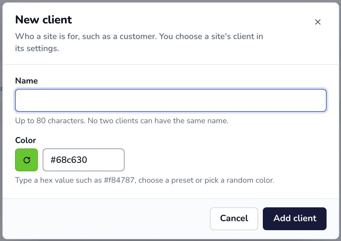 The New client dialog with the Name field, the Color field and the Add client button