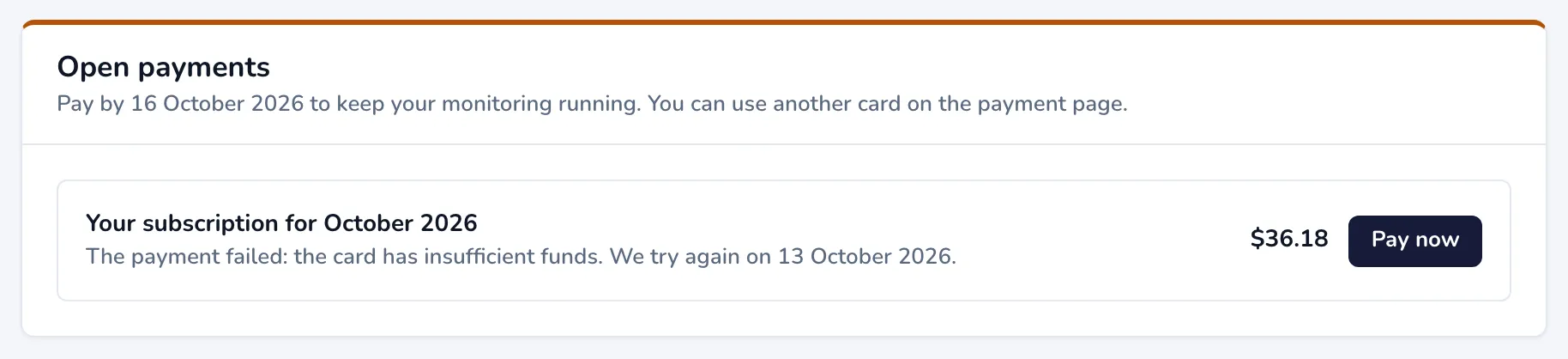 The Open payments panel with a failed monthly payment and a Pay now button