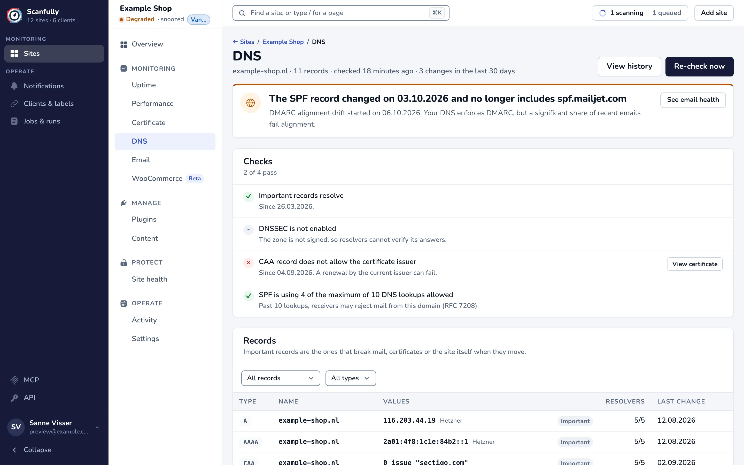 The DNS screen: the headline about an SPF record change, the Checks panel with four checks, and the start of the Records table.
