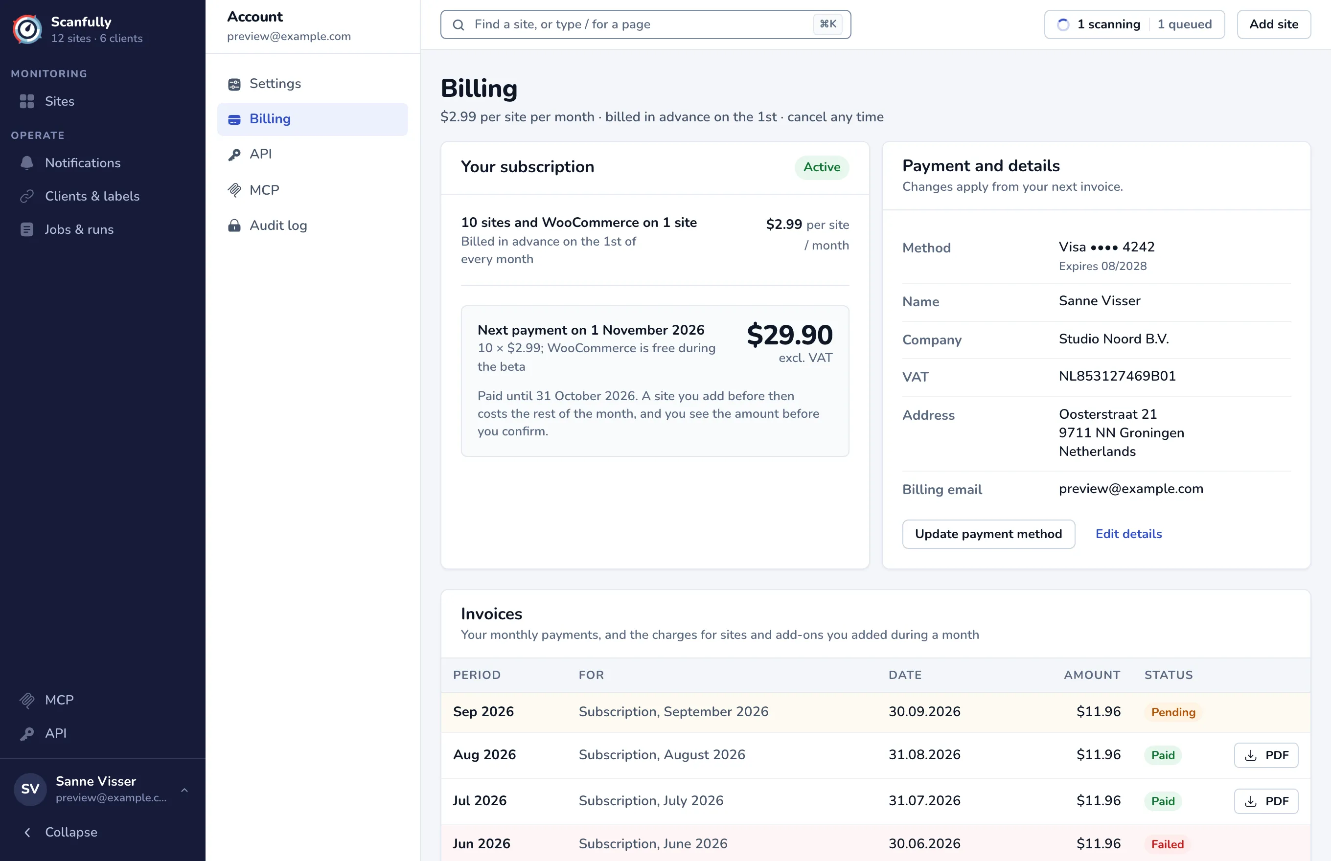 The Billing page: Your subscription with the next payment, Payment and details, and the Invoices table