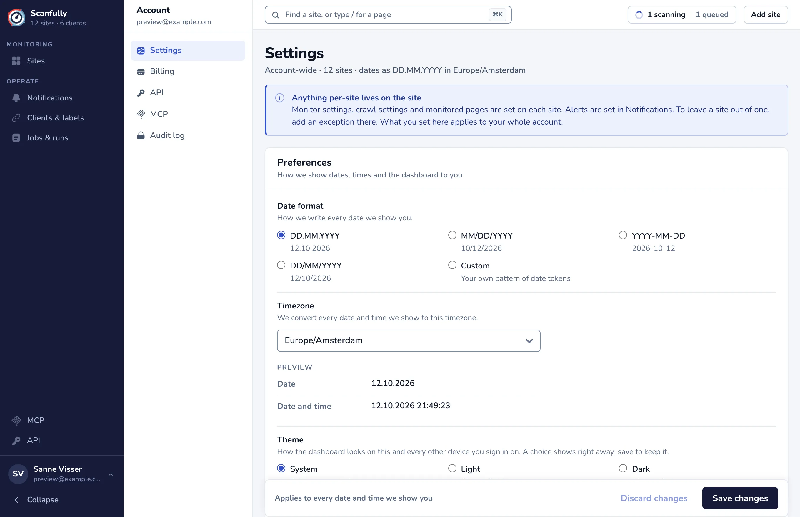 The Settings page with the Preferences panel: date format, timezone with a preview, and theme