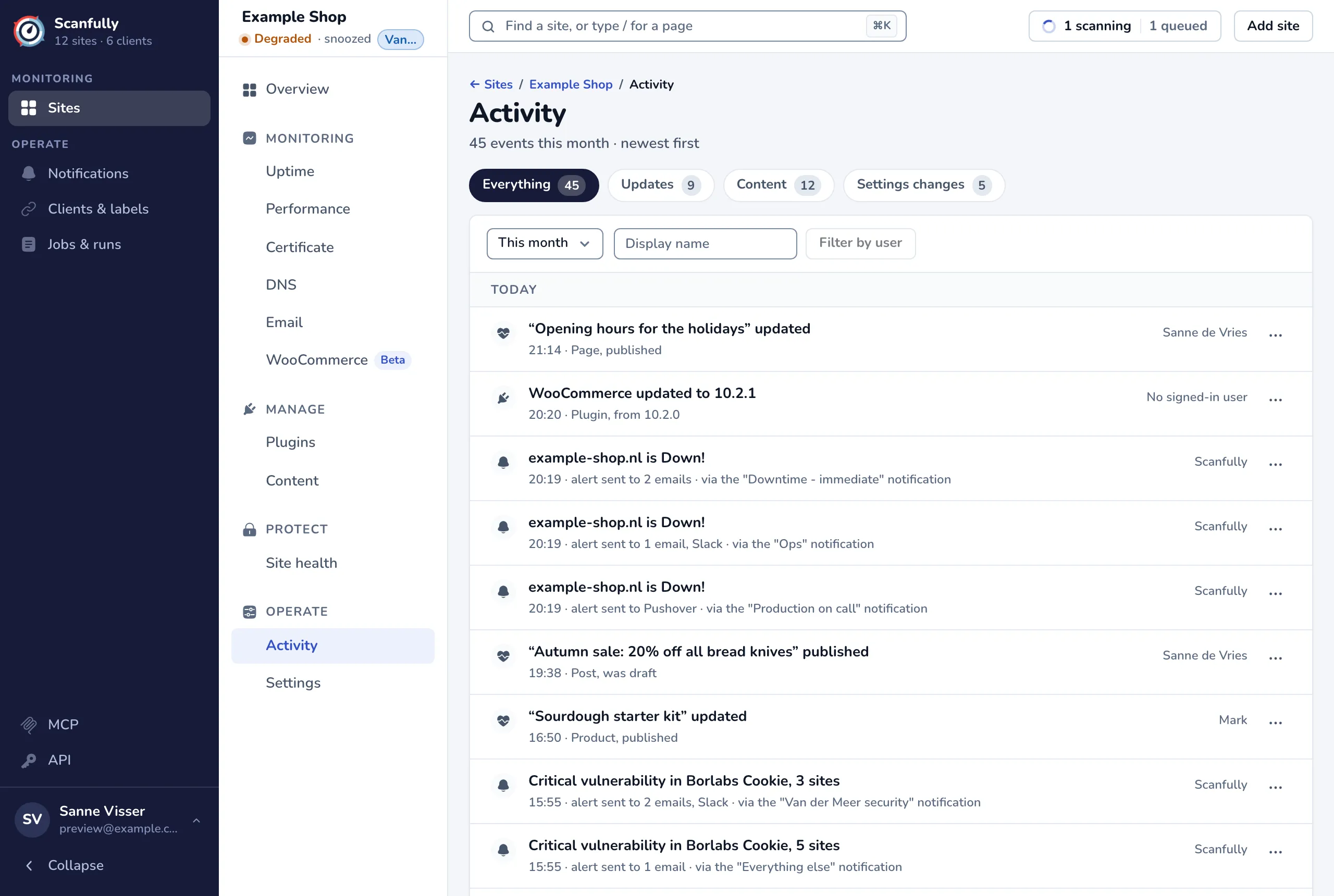 The Activity screen with the event type tabs, the period and user filters, and a list of events grouped by day