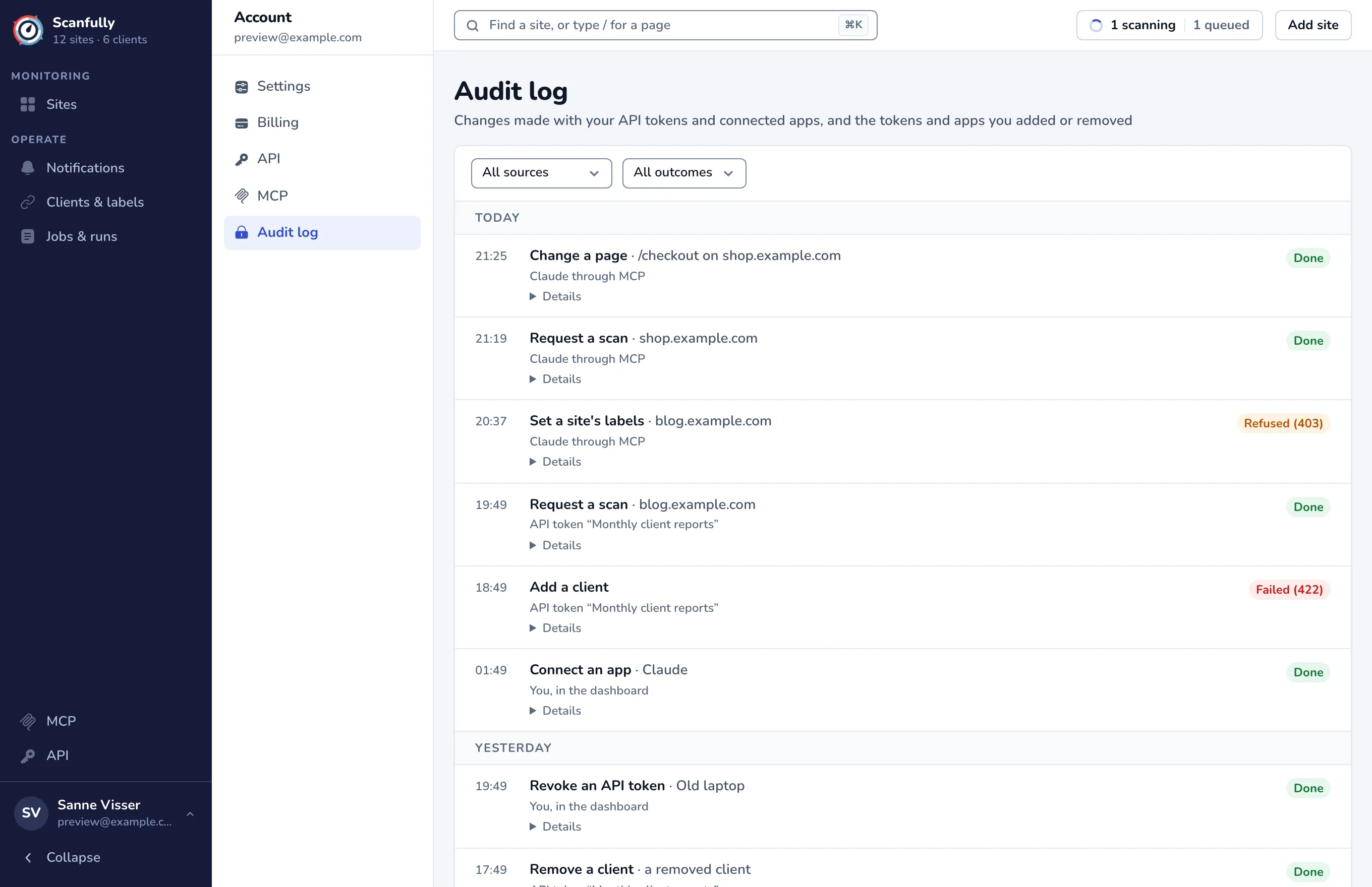 The Audit log with entries grouped by day, each with its action, target, who did it and the outcome