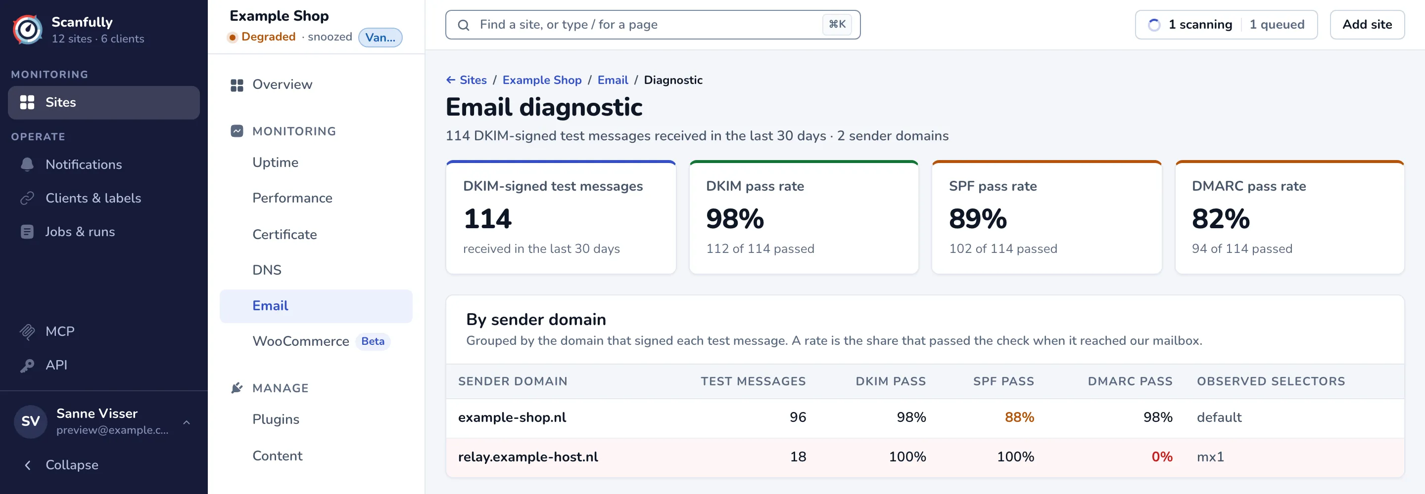 The Email diagnostic: 114 DKIM-signed test messages in the last 30 days, the DKIM, SPF and DMARC pass rates, and a table of two sender domains.