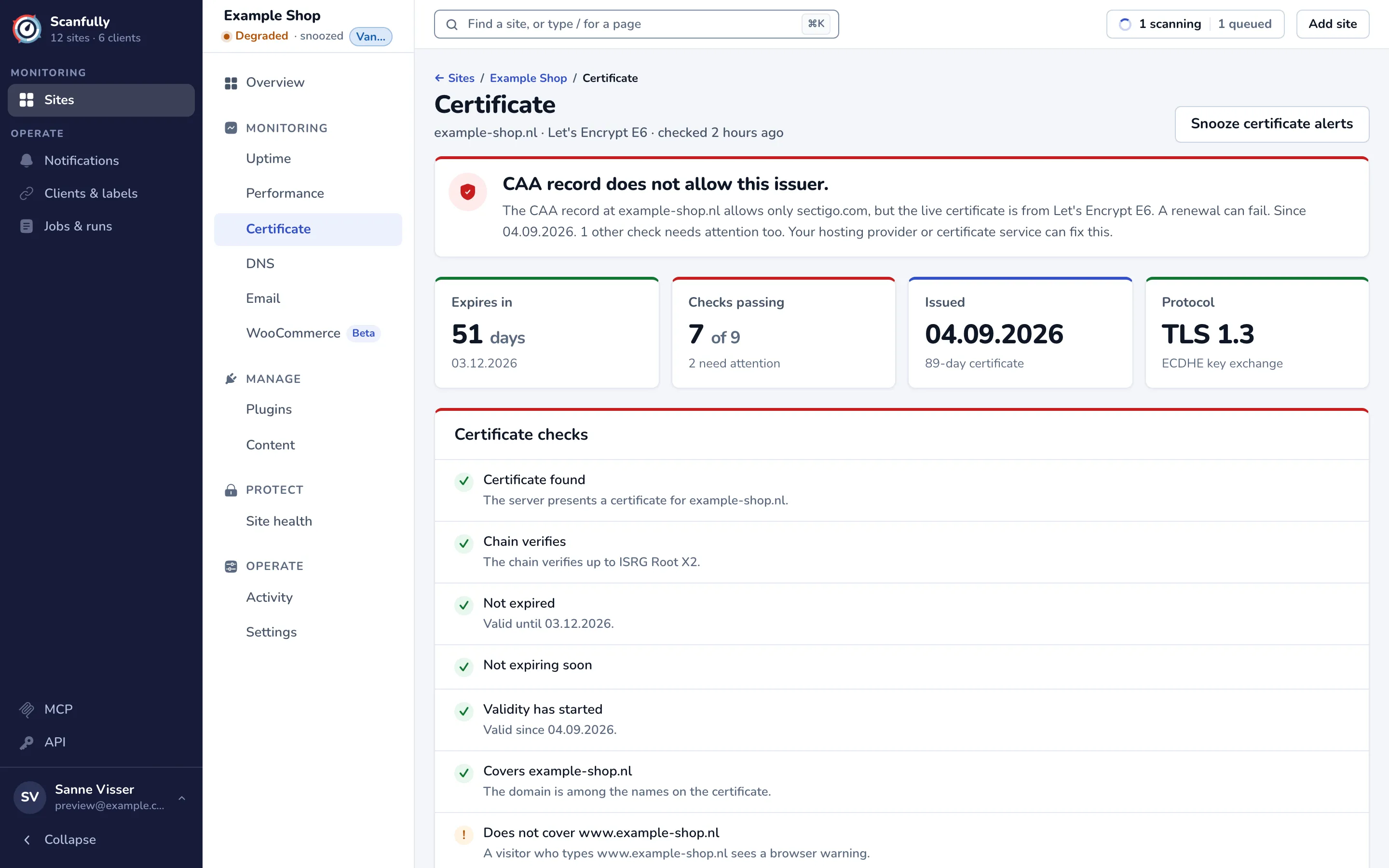 The Certificate screen: the headline about a CAA record that does not allow the issuer, the Expires in, Checks passing, Issued and Protocol cards, and the start of the certificate checks.