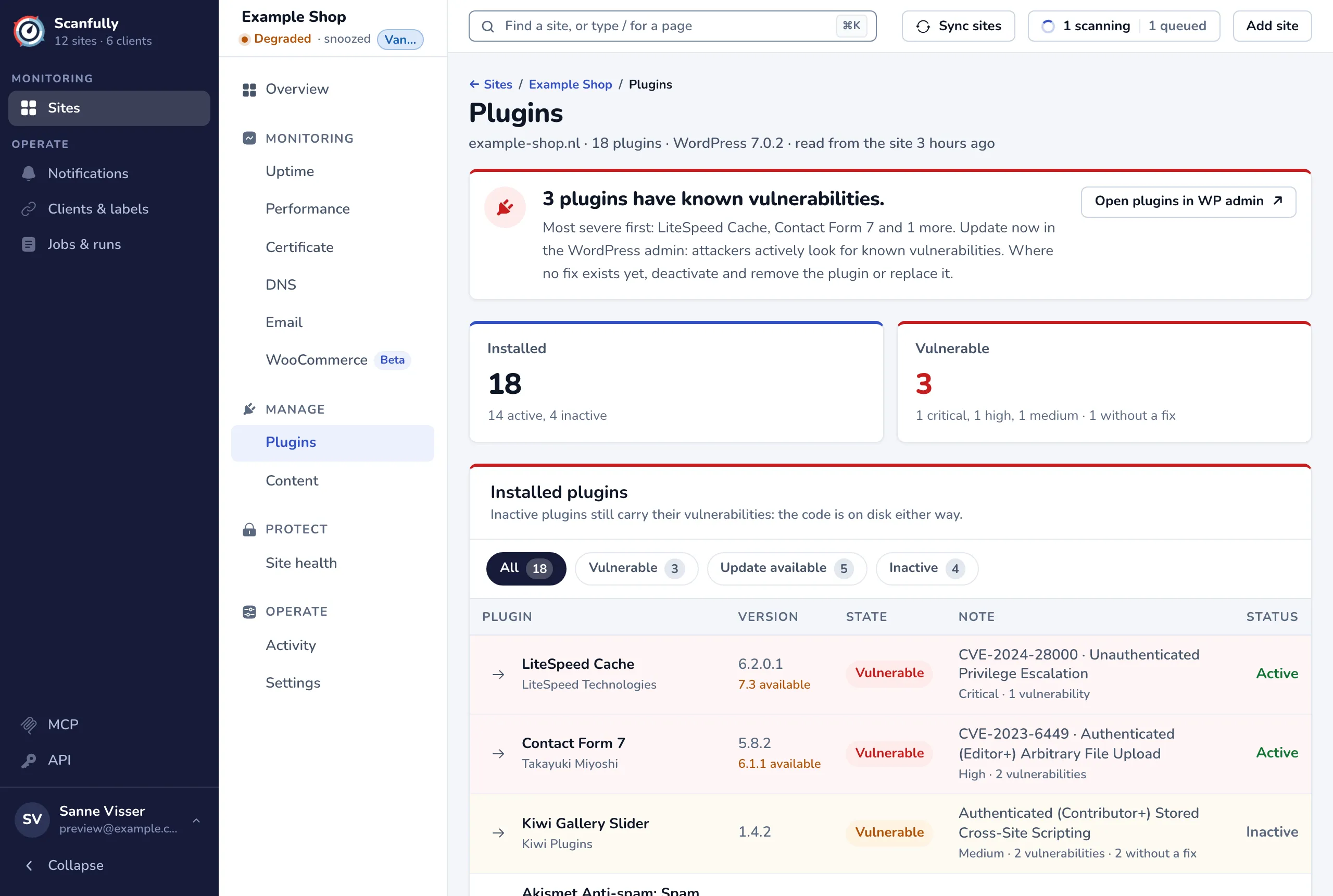 The Plugins screen with the vulnerability headline, the Installed and Vulnerable cards and the Installed plugins table