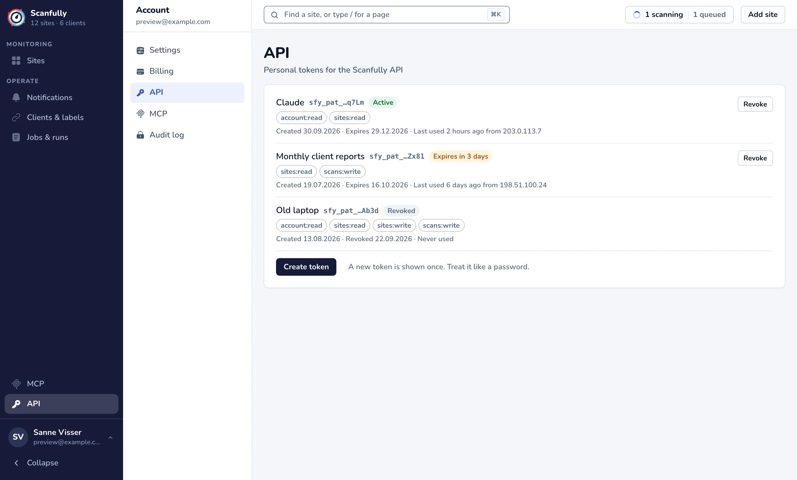 The API page with three tokens: one active, one that expires in 3 days and one revoked, and the Create token button
