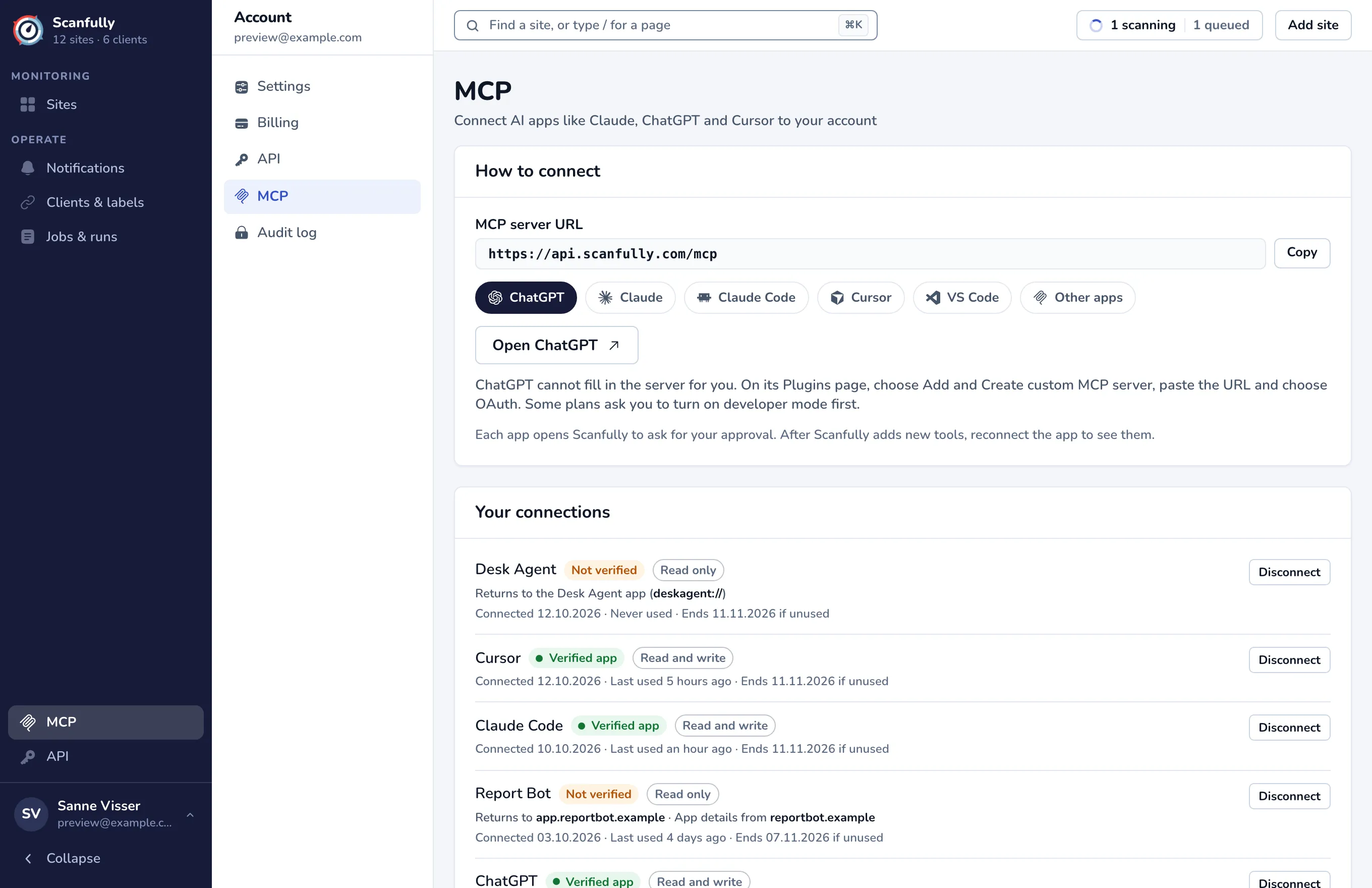 The MCP page with the MCP server URL, a tab per app, and the list of connected apps