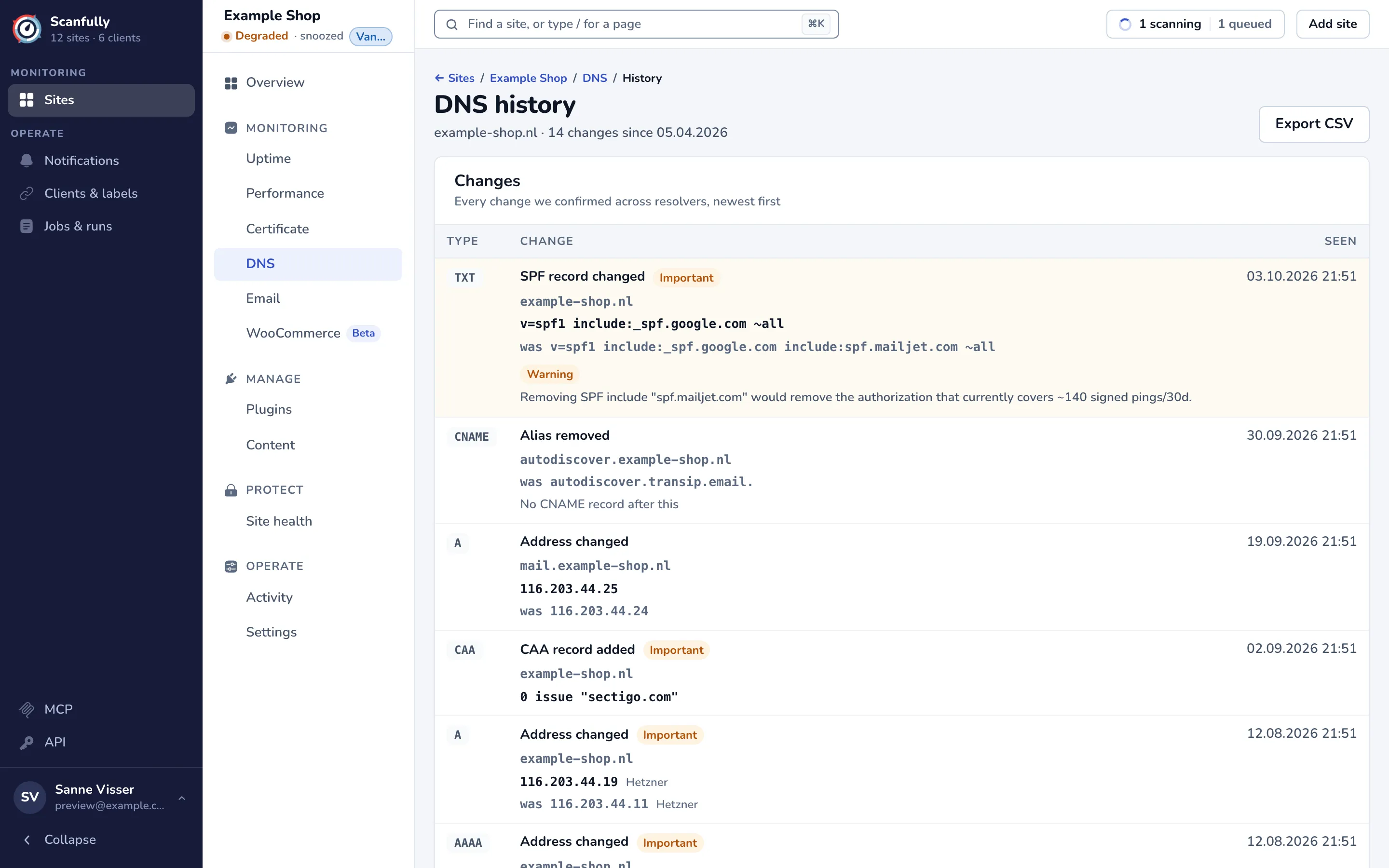 The DNS history: changes to the SPF record, an alias, an address and a CAA record, newest first, with the old and new values and a warning on the SPF change.
