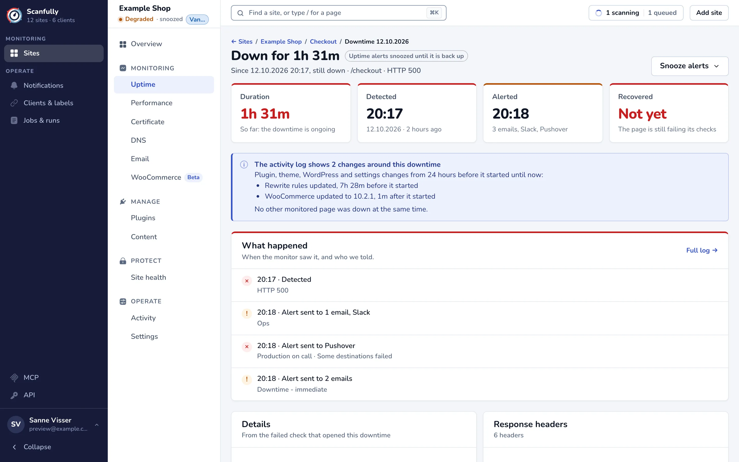 The details of an ongoing downtime: the title Down for 1h 31m, the Duration, Detected, Alerted and Recovered cards, the activity note and the What happened timeline.