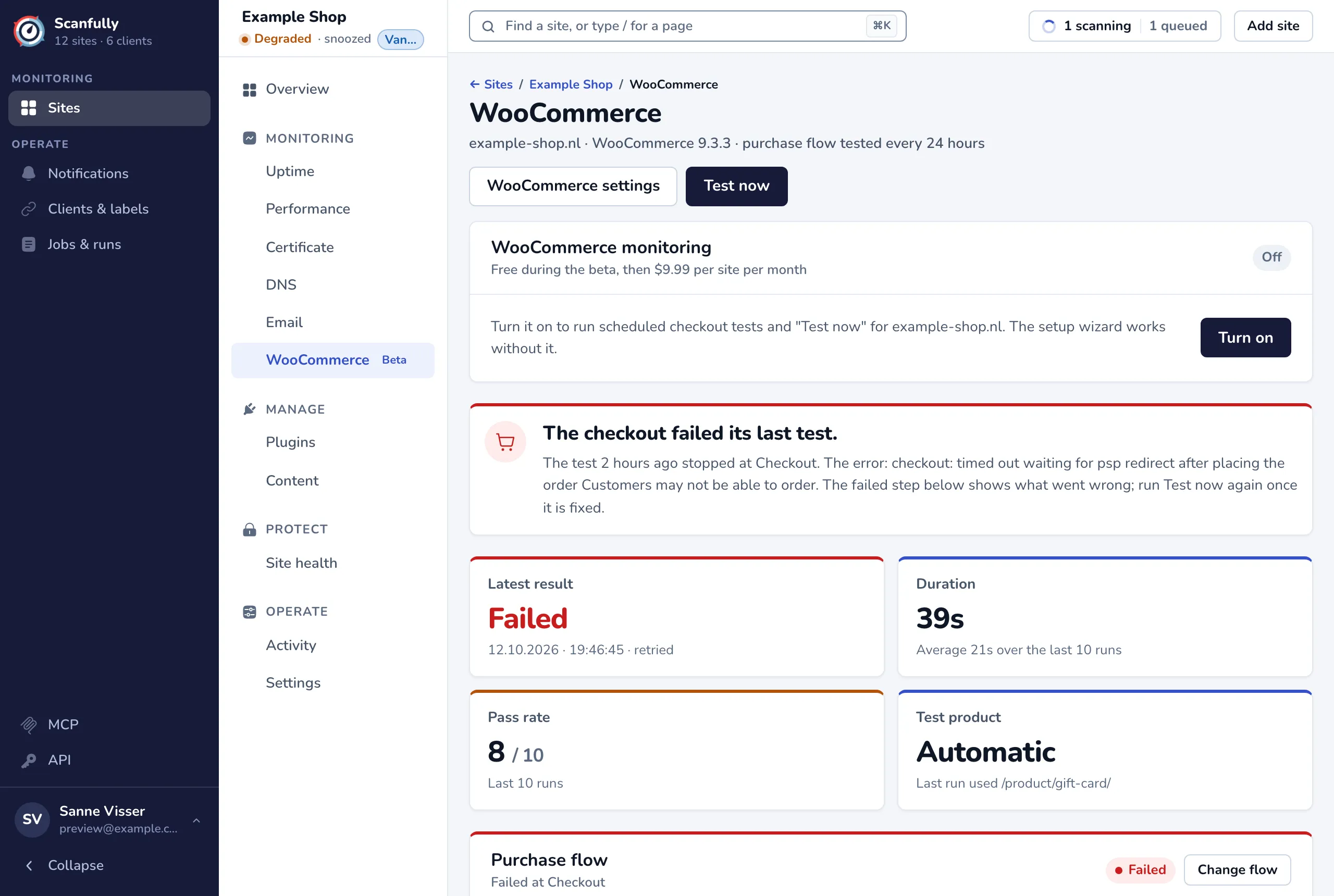 The WooCommerce screen with the WooCommerce monitoring panel, a failed checkout headline, the result cards and the purchase flow