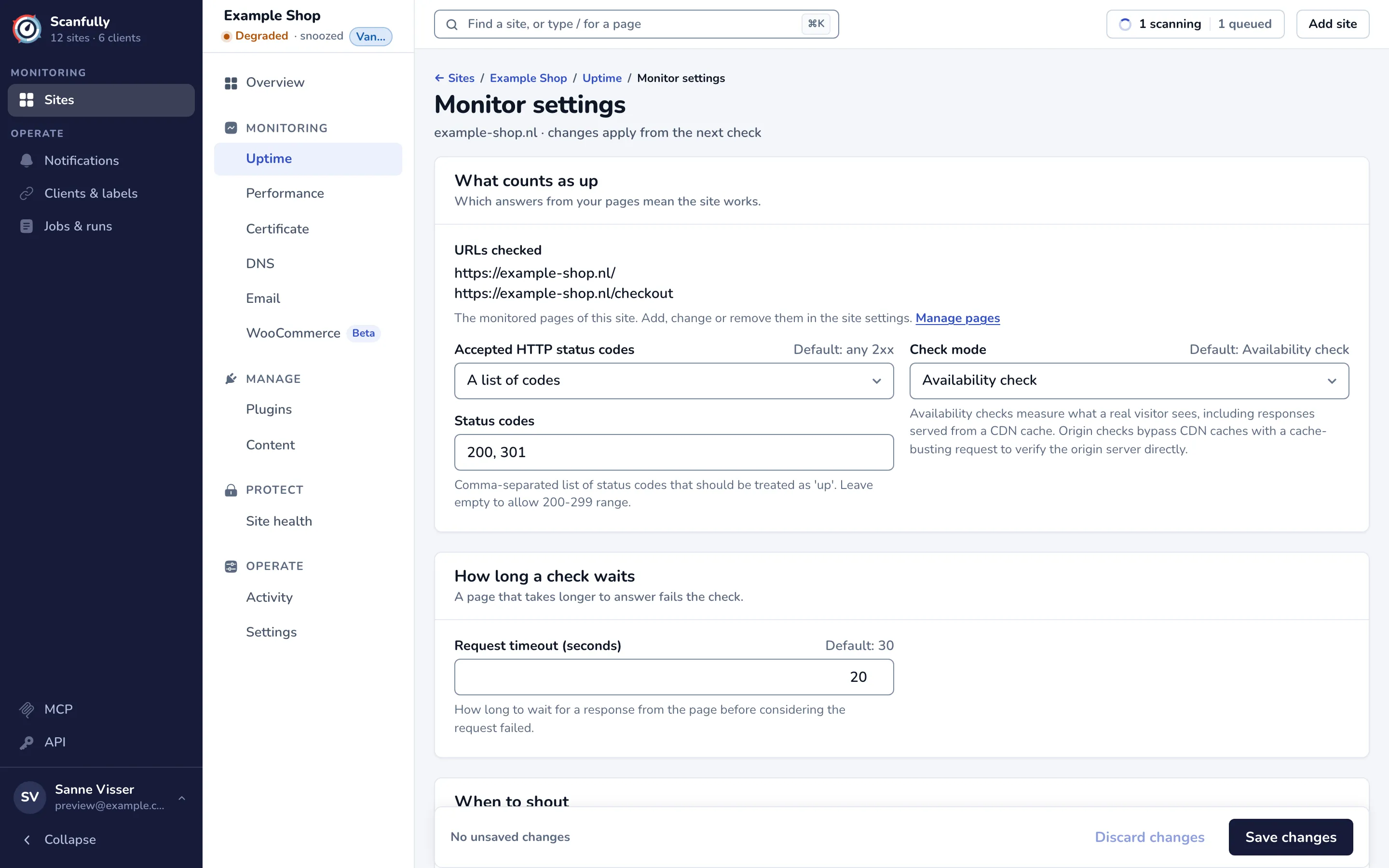 The Monitor settings screen with the What counts as up and How long a check waits sections.