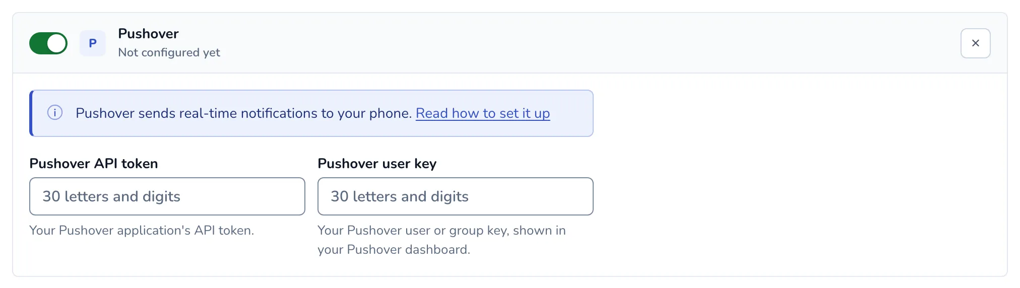 A Pushover channel card with the Pushover API token and Pushover user key fields