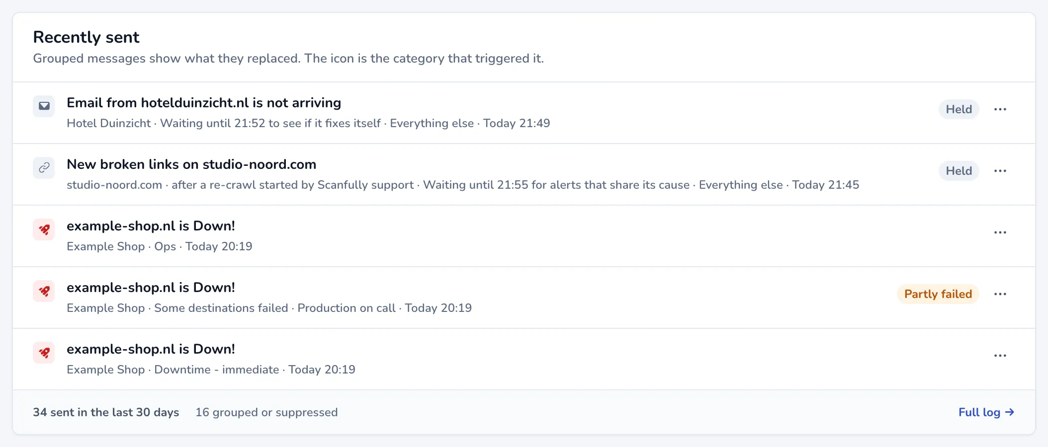 The Recently sent panel with five alerts and the Full log link