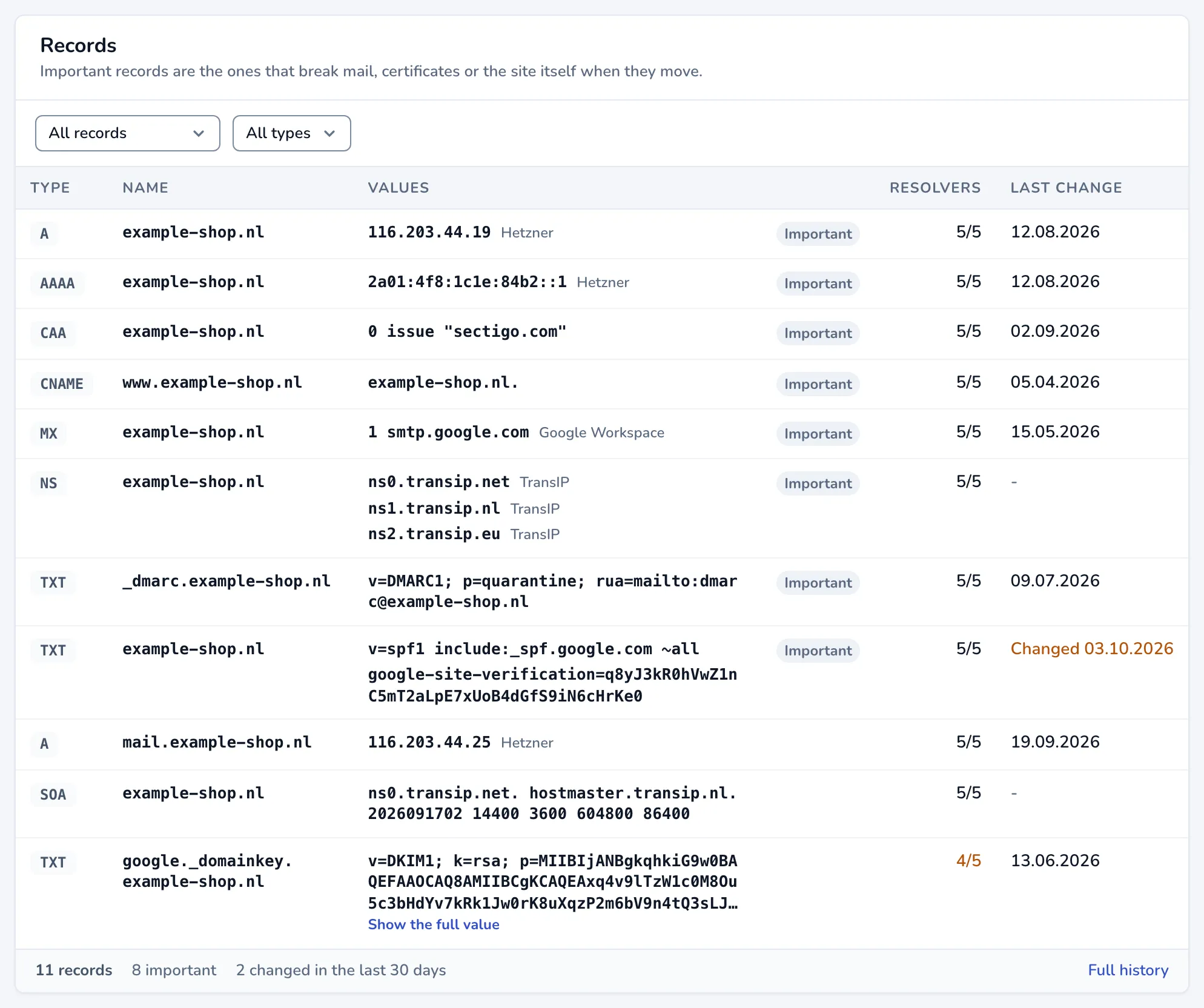 The Records table with the type, name, values, importance, resolver agreement and last change of each record, and the footer with the number of records and a link to the full history.