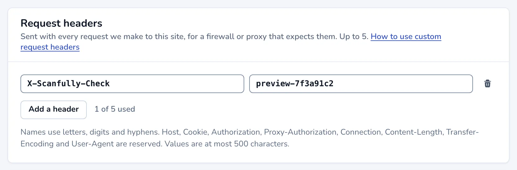 The Request headers panel with one header filled in, the Add a header button and the rules for names and values