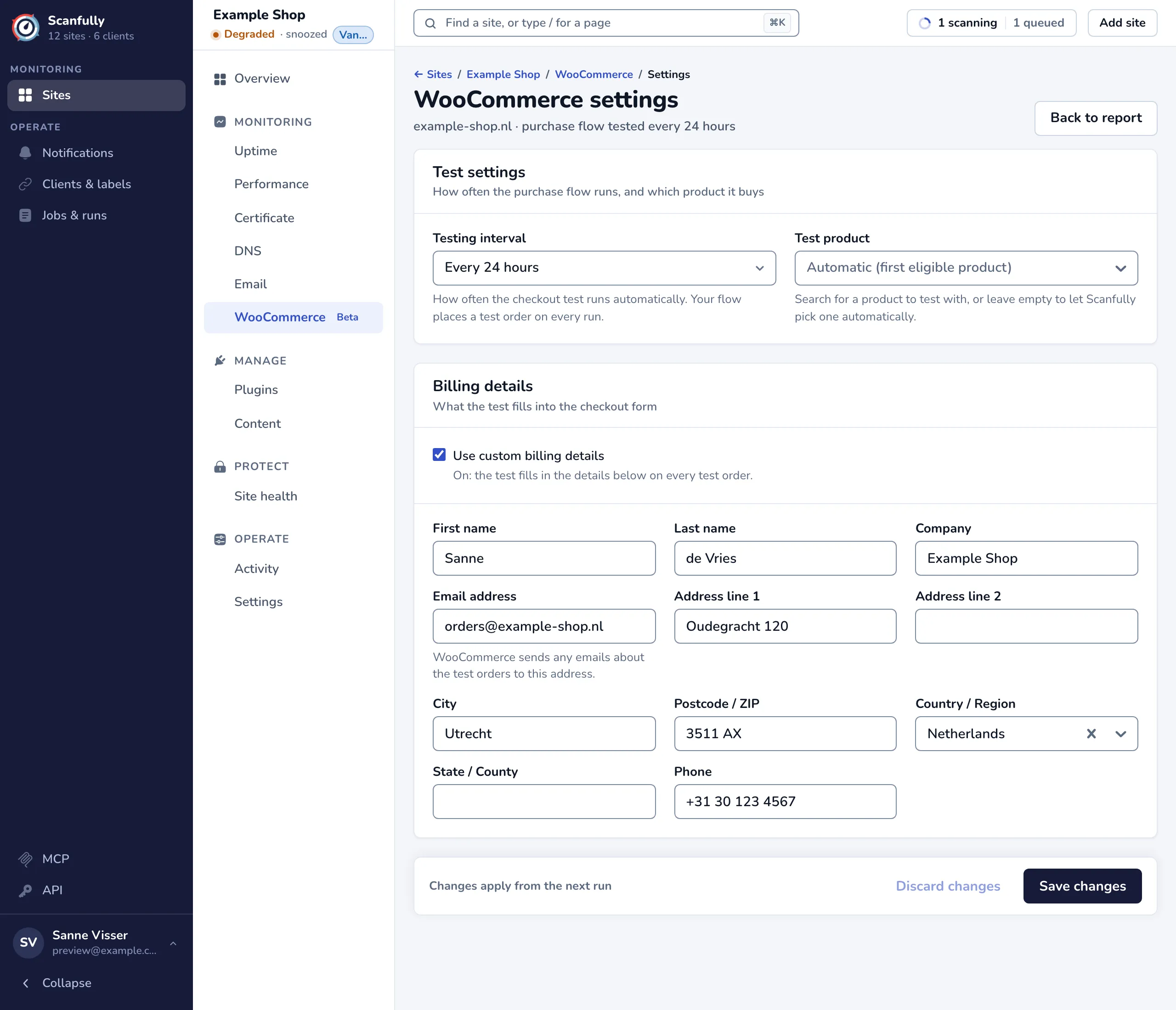 The WooCommerce settings with the Test settings and Billing details panels and the save bar