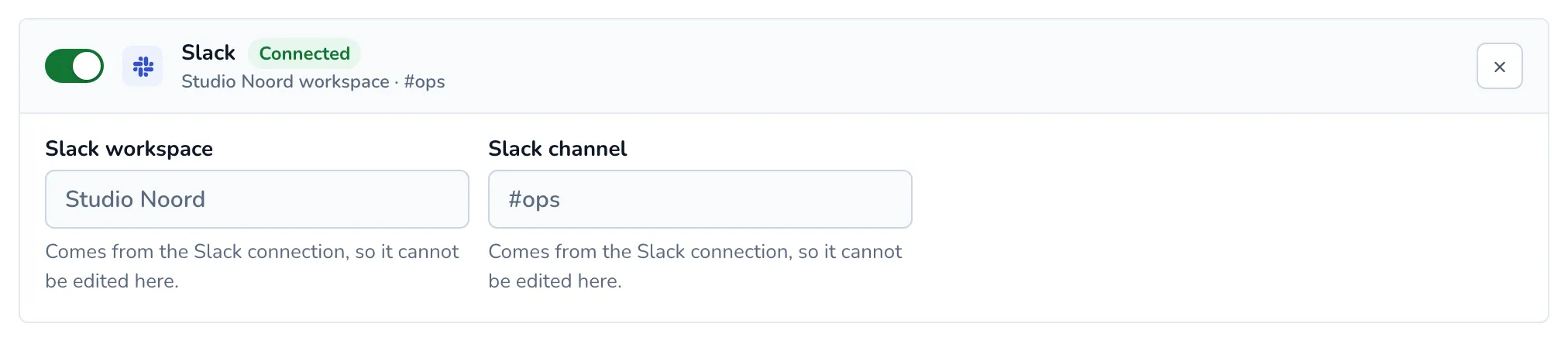 A connected Slack channel card showing the workspace and the channel
