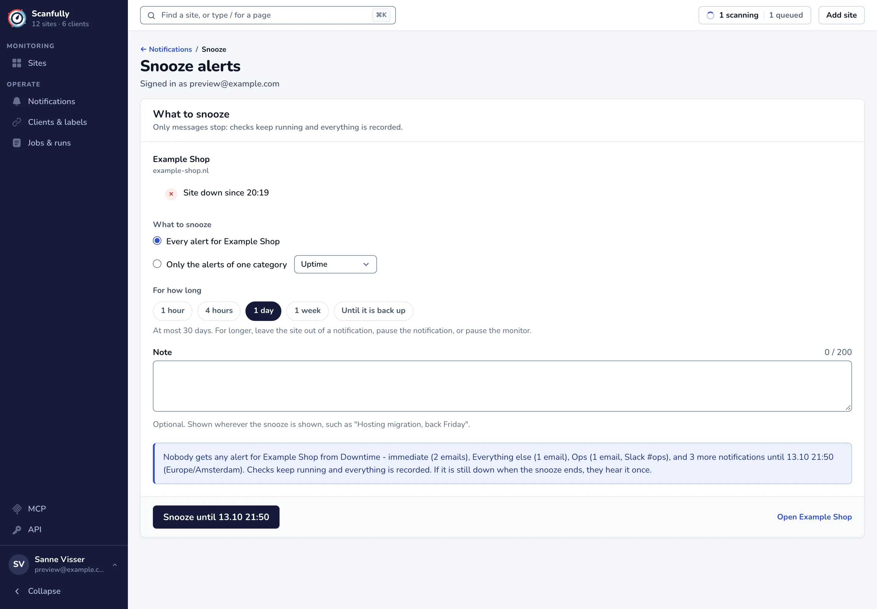 The Snooze alerts page with the site, what to snooze, how long, a note and what the snooze does